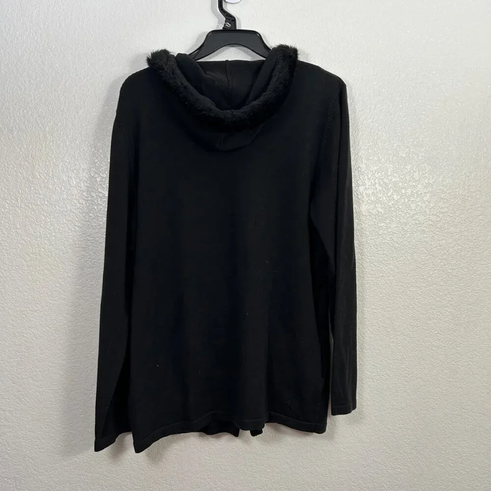 The Quacker Factory Rhinestone Hooded Zip Up Sweater Jacket Bling Faux Fur - Picture 3 of 6